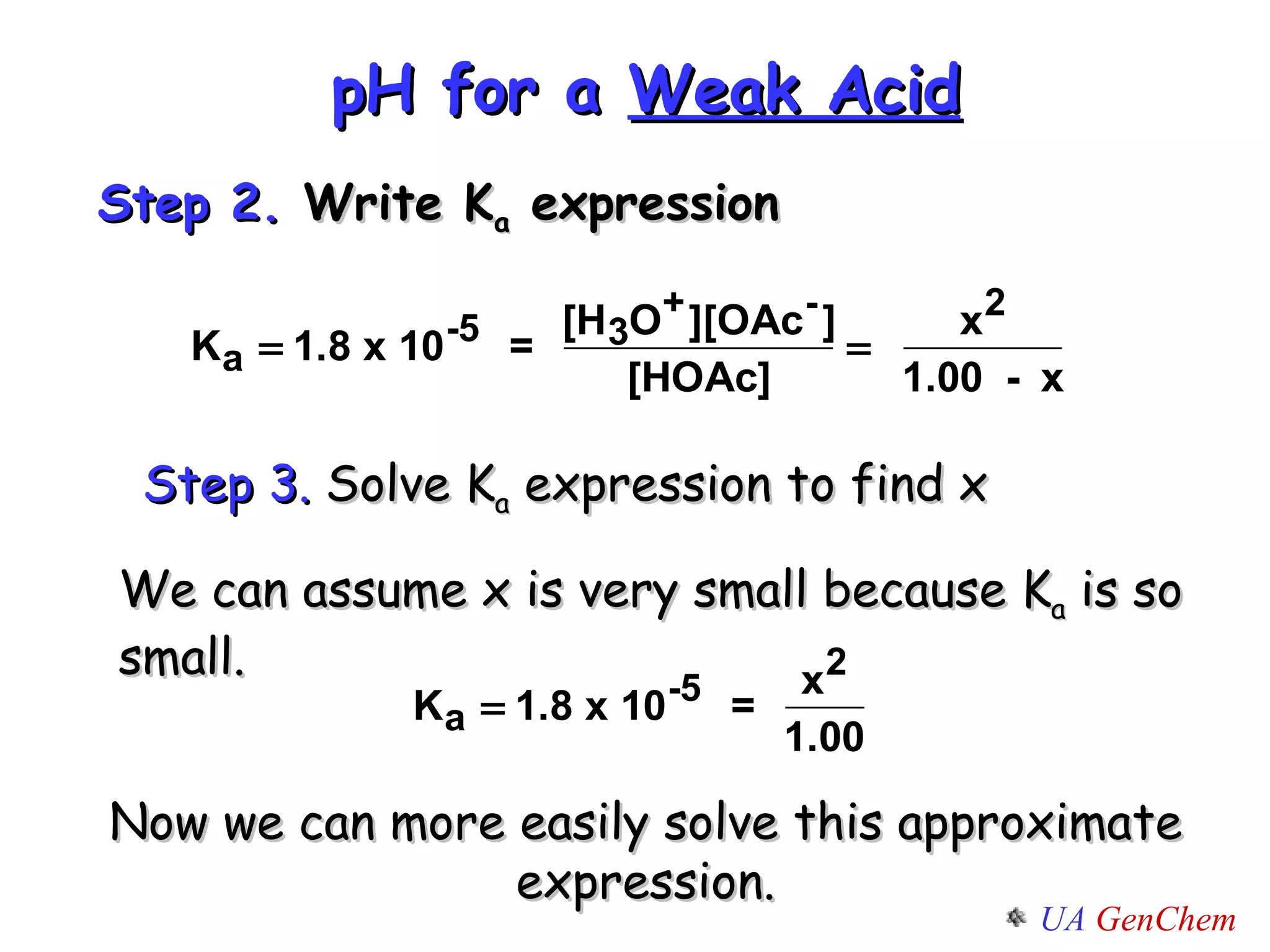 pH for a  Weak Acid Step 2.  Write K a  expression  Step 3.  Solve K a  expression to find x  We can assume x is very small because K a  is so small. Now we can more easily solve this approximate expression. 