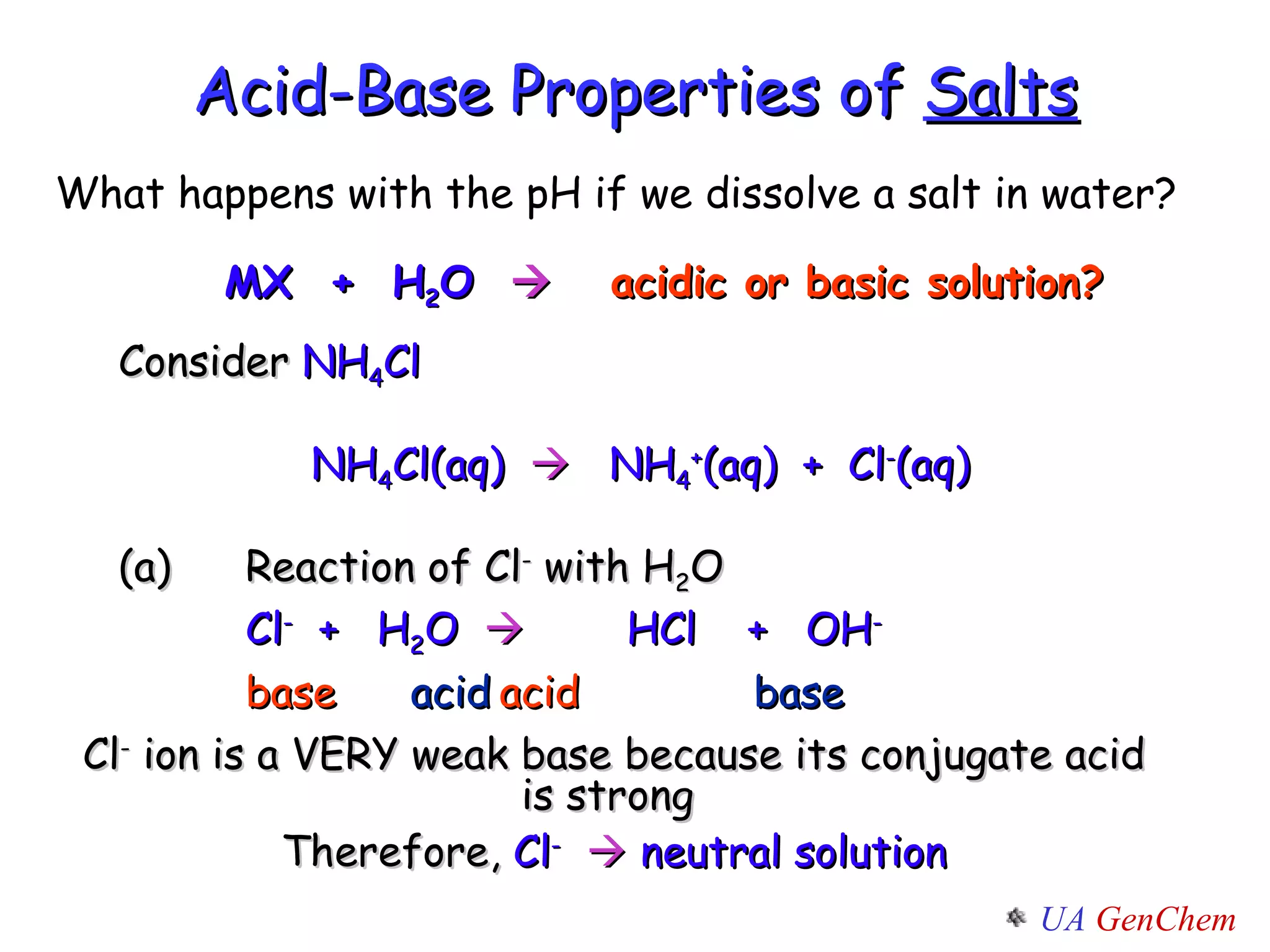 MX  +  H 2 O     acidic or basic solution? Acid-Base Properties of  Salts Cl -  ion is a VERY weak base because its conjugate acid is strong  Therefore,  Cl -     neutral solution Consider  NH 4 Cl NH 4 Cl(aq)     NH 4 + (aq)  +  Cl - (aq) (a) Reaction of Cl -  with H 2 O Cl -   +  H 2 O   HCl  +  OH - base   acid acid base What happens with the pH if we dissolve a salt in water? 