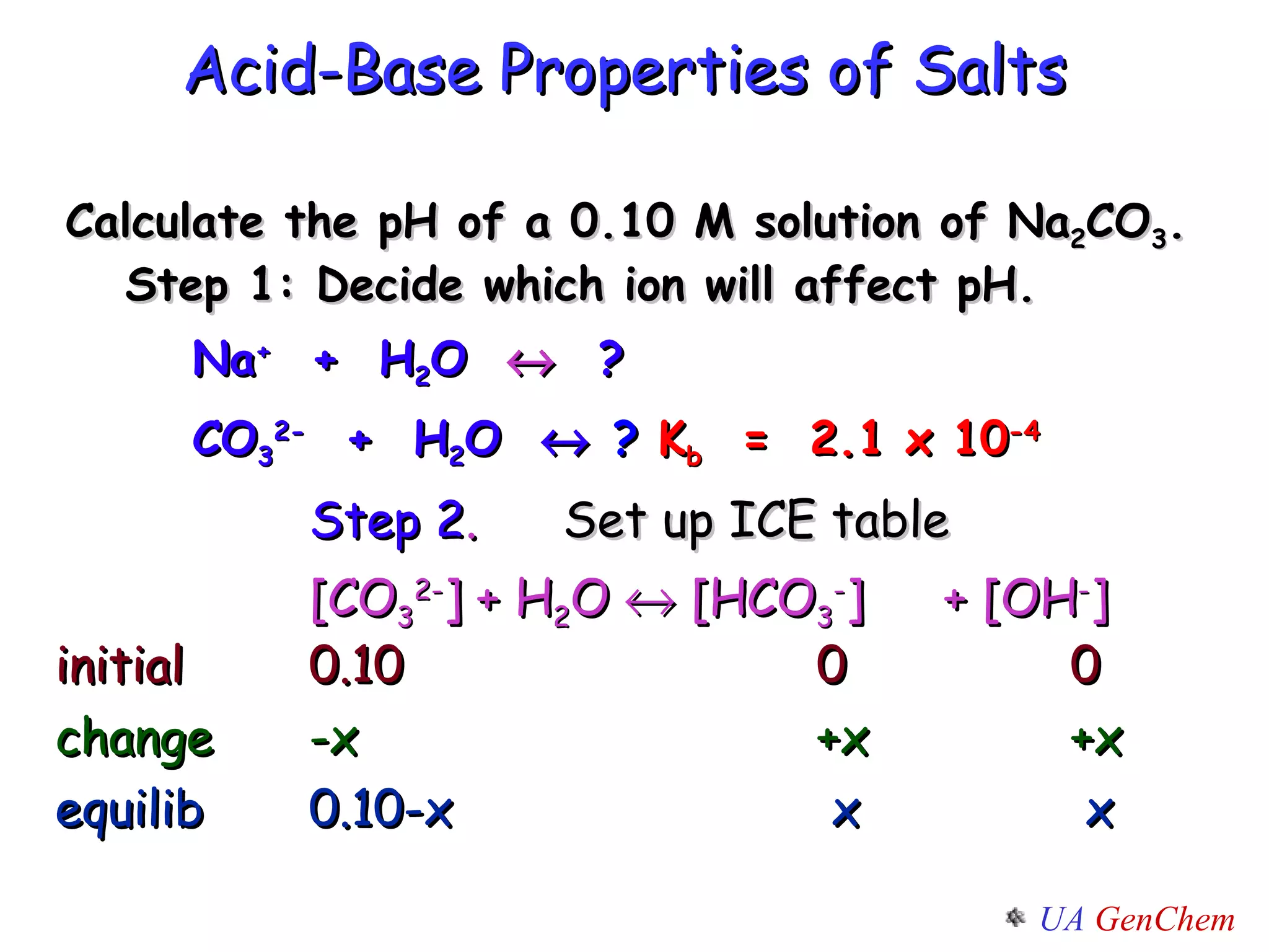 Calculate the pH of a 0.10 M solution of Na 2 CO 3 .  Step 1: Decide which ion will affect pH. Na +   +  H 2 O     ? CO 3 2-   +  H 2 O     ?  K b   =  2.1 x 10 -4 Acid-Base Properties of Salts Step 2 . Set up ICE table [CO 3 2- ] + H 2 O    [HCO 3 - ] + [OH - ]  initial 0.10 0 0 change -x +x +x equilib 0.10-x  x  x 
