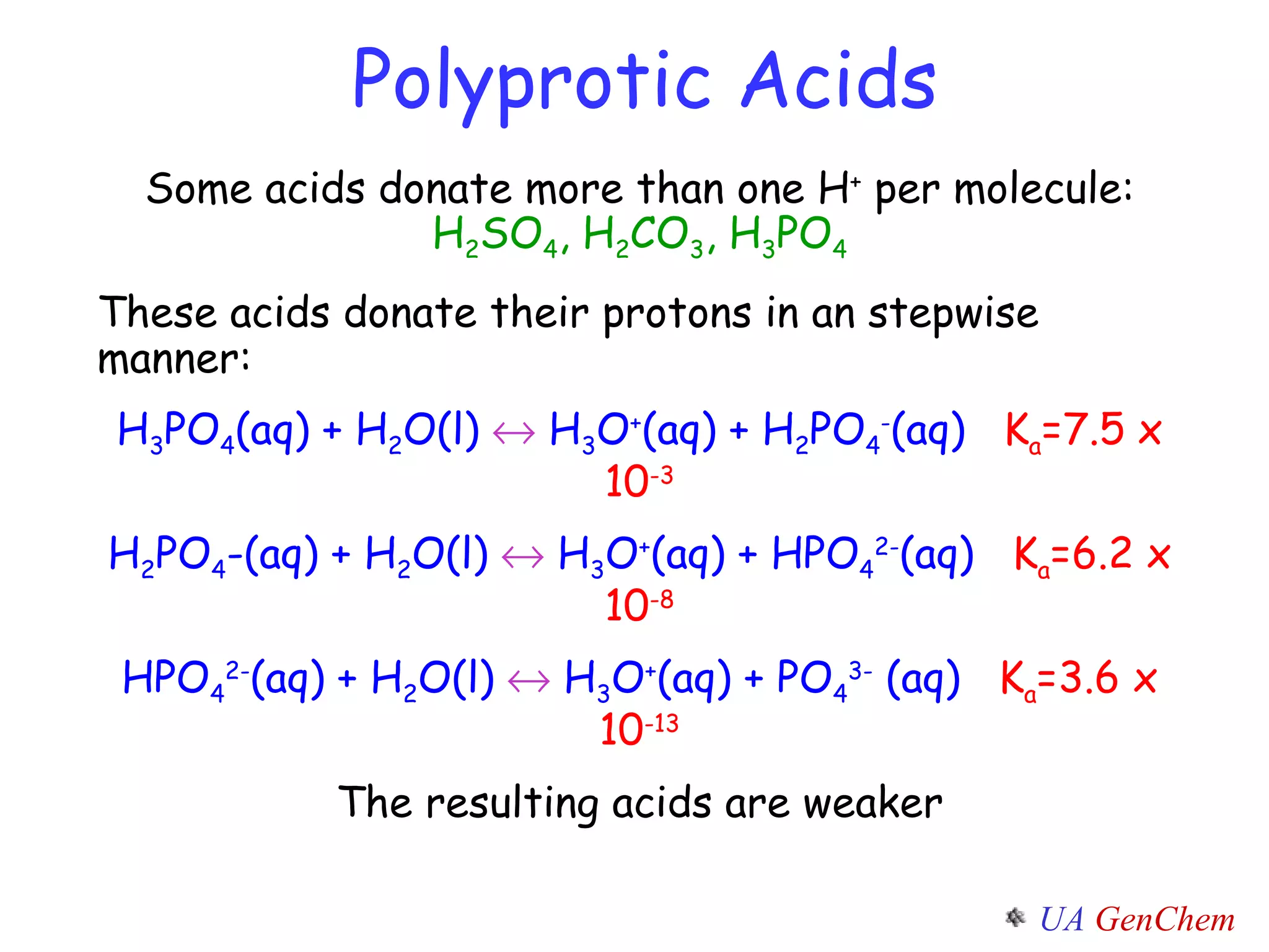 Polyprotic Acids Some acids donate more than one H +  per molecule:  H 2 SO 4 , H 2 CO 3 , H 3 PO 4 These acids donate their protons in an stepwise manner: H 3 PO 4 (aq) + H 2 O(l)    H 3 O + (aq) + H 2 PO 4 - (aq)   K a =7.5 x 10 -3 H 2 PO 4 -(aq) + H 2 O(l)    H 3 O + (aq) + HPO 4 2- (aq)   K a =6.2 x 10 -8 HPO 4 2- (aq) + H 2 O(l)    H 3 O + (aq) + PO 4 3-  (aq)   K a =3.6 x 10 -13 The resulting acids are weaker 