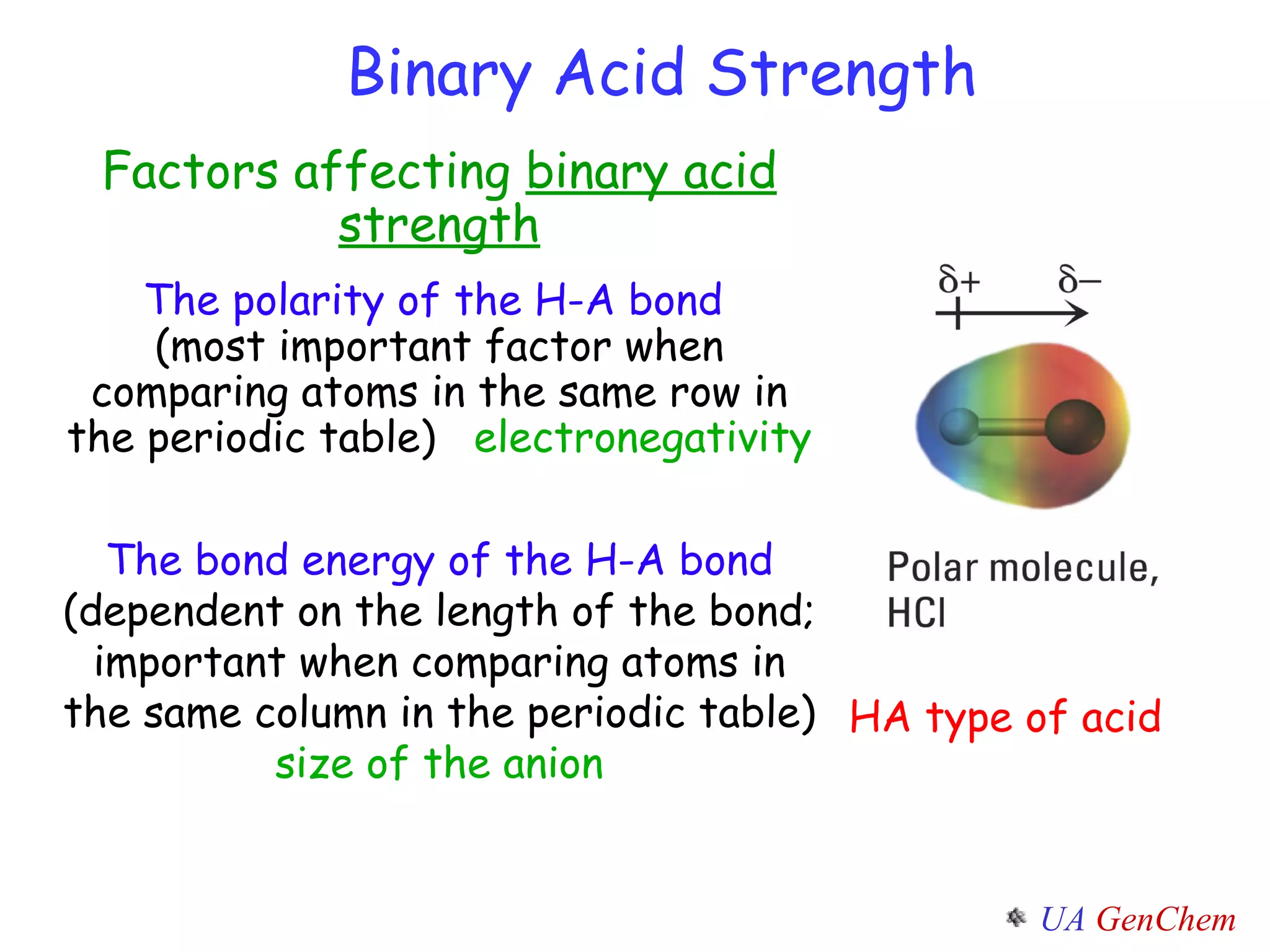 Binary Acid Strength Factors affecting  binary acid strength The polarity of the H-A bond   (most important factor when comparing atoms in the same row in the periodic table)  electronegativity The bond energy of the H-A bond  (dependent on the length of the bond; important when comparing atoms in the same column in the periodic table) size of the anion HA type of acid 