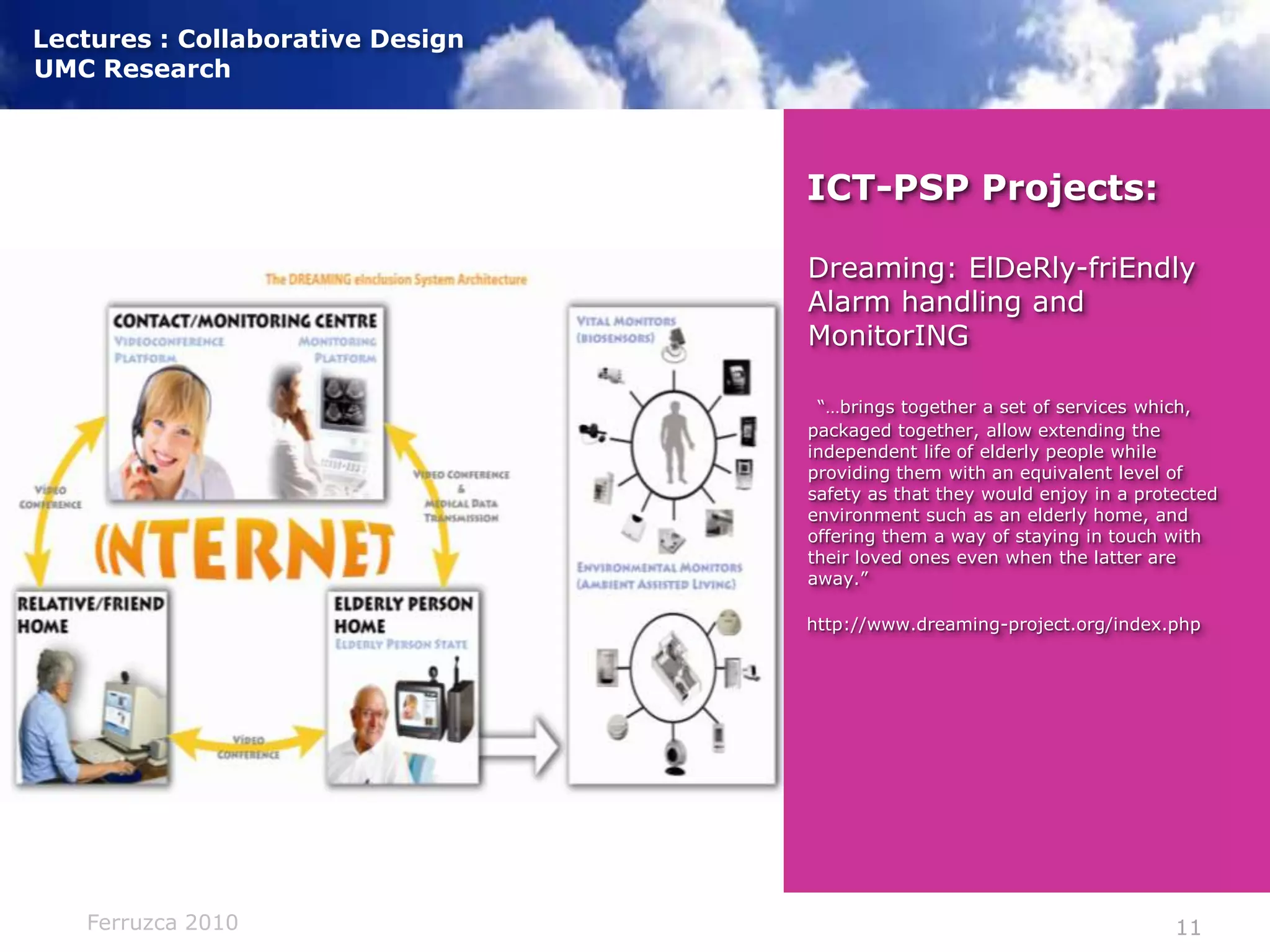 ICT-PSP Projects:Dreaming: ElDeRly-friEndly Alarm handling and MonitorING“…brings together a set of services which, packaged together, allow extending the independent life of elderly people while providing them with an equivalent level of safety as that they would enjoy in a protected environment such as an elderly home, and offering them a way of staying in touch with their loved ones even when the latter are away.”http://www.dreaming-project.org/index.php
