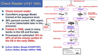 Y. LeCun
Check Reader (AT&T 1995)
Check amount reader
ConvNet+Language Model
trained at the sequence level.
50% percent correct, 49% reject,
1% error (detectable later in the
process).
Fielded in 1996, used in many
banks in the US and Europe.
Processed an estimated 10% to
20% of all the checks written in
the US in the early 2000s.
[LeCun, Bottou, Bengio ICASSP1997]
[LeCun, Bottou, Bengio, Haffner 1998]
 