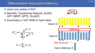 Y. LeCun
Differentiable Associative Memory
Used very widely in NLP
MemNN, Transformer Network, ELMO,
GPT, BERT, GPT2, GLoMO
Essentially a “soft” RAM or hash table
Input (Address) X
Keys Ki
Values Vi
Dot Products
Softmax
Sum
Y =∑
i
Ci V i
Ci=
e
Ki
T
X
∑
j
e
K j
T
X
 