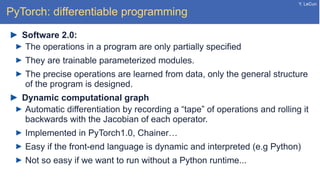 Y. LeCun
PyTorch: differentiable programming
Software 2.0:
The operations in a program are only partially specified
They are trainable parameterized modules.
The precise operations are learned from data, only the general structure
of the program is designed.
Dynamic computational graph
Automatic differentiation by recording a “tape” of operations and rolling it
backwards with the Jacobian of each operator.
Implemented in PyTorch1.0, Chainer…
Easy if the front-end language is dynamic and interpreted (e.g Python)
Not so easy if we want to run without a Python runtime...
 