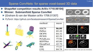 Y. LeCun
Sparse ConvNets: for sparse voxel-based 3D data
ShapeNet competition results ArXiv:1710.06104]
Winner: Submanifold Sparse ConvNet
[Graham & van der Maaten arXiv 1706.01307]
PyTorch: https://github.com/facebookresearch/SparseConvNet
 
