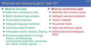 Y. LeCun
What are we missing to get to “real” AI?
What we can have
Safer cars, autonomous cars
Better medical image analysis
Personalized medicine
Adequate language translation
Useful but stupid chatbots
Information search, retrieval, filtering
Numerous applications in energy,
finance, manufacturing,
environmental protection, commerce,
law, artistic creation, games,…..
What we cannot have (yet)
Machines with common sense
Intelligent personal assistants
“Smart” chatbots”
Household robots
Agile and dexterous robots
Artificial General Intelligence
(AGI)
 