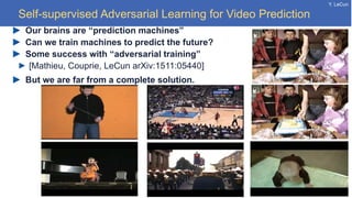 Y. LeCun
Self-supervised Adversarial Learning for Video Prediction
Our brains are “prediction machines”
Can we train machines to predict the future?
Some success with “adversarial training”
[Mathieu, Couprie, LeCun arXiv:1511:05440]
But we are far from a complete solution.
 