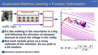 Y. LeCun
Supervised Machine Learning = Function Optimization
It's like walking in the mountains in a fog
and following the direction of steepest
descent to reach the village in the valley
But each sample gives us a noisy
estimate of the direction. So our path is
a bit random.
traffic light: -1
Function with
adjustable parameters
Objective
Function Error
W i ←W i−η
∂ L(W , X )
∂ W i
Stochastic Gradient Descent (SGD)
 