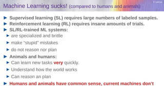 Y. LeCun
Machine Learning sucks! (compared to humans and animals)
Supervised learning (SL) requires large numbers of labeled samples.
Reinforcement learning (RL) requires insane amounts of trials.
SL/RL-trained ML systems:
are specialized and brittle
make “stupid” mistakes
do not reason nor plan
Animals and humans:
Can learn new tasks very quickly.
Understand how the world works
Can reason an plan
Humans and animals have common sense, current machines don’t
 