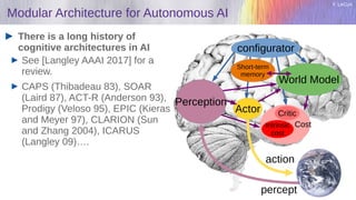 Y. LeCun
Modular Architecture for Autonomous AI
There is a long history of
cognitive architectures in AI
See [Langley AAAI 2017] for a
review.
CAPS (Thibadeau 83), SOAR
(Laird 87), ACT-R (Anderson 93),
Prodigy (Veloso 95), EPIC (Kieras
and Meyer 97), CLARION (Sun
and Zhang 2004), ICARUS
(Langley 09)….
percept
action
Actor
World Model
Intrinsic
cost
Perception
Short-term
memory
configurator
Critic
Cost
 