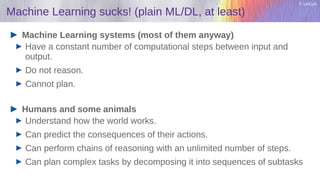 Y. LeCun
Machine Learning sucks! (plain ML/DL, at least)
Machine Learning systems (most of them anyway)
Have a constant number of computational steps between input and
output.
Do not reason.
Cannot plan.
Humans and some animals
Understand how the world works.
Can predict the consequences of their actions.
Can perform chains of reasoning with an unlimited number of steps.
Can plan complex tasks by decomposing it into sequences of subtasks
 