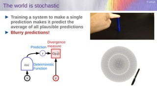 Y. LeCun
The world is stochastic
Training a system to make a single
prediction makes it predict the
average of all plausible predictions
Blurry predictions!
G(x)
y
x y
C(y,y)
Divergence
measure
Prediction
Deterministic
Function
 