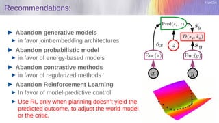 Y. LeCun
Recommendations:
Abandon generative models
in favor joint-embedding architectures
Abandon probabilistic model
in favor of energy-based models
Abandon contrastive methods
in favor of regularized methods
Abandon Reinforcement Learning
In favor of model-predictive control
Use RL only when planning doesn’t yield the
predicted outcome, to adjust the world model
or the critic.
 