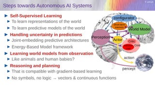 Y. LeCun
Steps towards Autonomous AI Systems
Self-Supervised Learning
To learn representations of the world
To learn predictive models of the world
Handling uncertainty in predictions
Joint-embedding predictive architectures
Energy-Based Model framework
Learning world models from observation
Like animals and human babies?
Reasoning and planning
That is compatible with gradient-based learning
No symbols, no logic → vectors & continuous functions
 