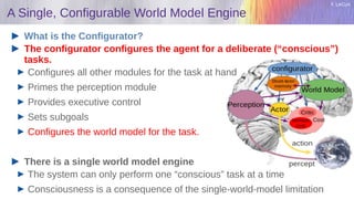Y. LeCun
A Single, Configurable World Model Engine
What is the Configurator?
The configurator configures the agent for a deliberate (“conscious”)
tasks.
Configures all other modules for the task at hand
Primes the perception module
Provides executive control
Sets subgoals
Configures the world model for the task.
There is a single world model engine
The system can only perform one “conscious” task at a time
Consciousness is a consequence of the single-world-model limitation
 