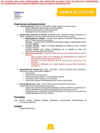 LES ACTIVITÉS HORS CHAMP PROFESSIONNEL SONT PRÉSENTÉES EN ROUGE POUR UNE MEILLEURE COMPRÉHENSION
DE L’INTÉGRATION ET DE LA PRISE EN COMPTE DE CELLES-CI DANS LE CURRICULUM VITAE.



                                                         EXEMPLE DE CV CITOYEN




                                               8
 