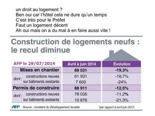 un droit au logement ? 
Ben oui car l’hôtel cela ne dure qu’un temps 
C’est très pour le Préfet 
Faut un logement décent 
Ah oui mais on a du mal à en faire aussi vite ! 
 