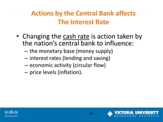 Actions by the Central Bank affects
The Interest Rate
• Changing the cash rate is action taken by
the nation’s central bank to influence:
–
–
–
–

the monetary base (money supply)
interest rates (lending and saving)
economic activity (circular flow)
price levels (inflation).

14

 