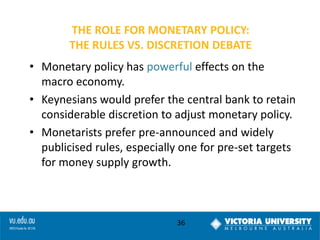 THE ROLE FOR MONETARY POLICY:
THE RULES VS. DISCRETION DEBATE
• Monetary policy has powerful effects on the
macro economy.
• Keynesians would prefer the central bank to retain
considerable discretion to adjust monetary policy.
• Monetarists prefer pre-announced and widely
publicised rules, especially one for pre-set targets
for money supply growth.

36

 