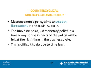 COUNTERCYCLICAL
MACROECONOMIC POLICY
• Macroeconomic policy aims to smooth
fluctuations in the business cycle.
• The RBA aims to adjust monetary policy in a
timely way so the impacts of the policy will be
felt at the right time in the business cycle.
• This is difficult to do due to time lags.

37

 