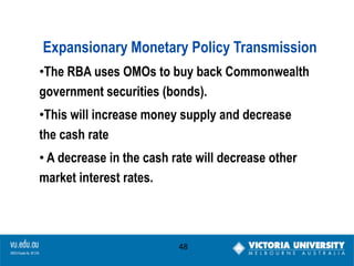 Expansionary Monetary Policy Transmission
•The RBA uses OMOs to buy back Commonwealth
government securities (bonds).
•This will increase money supply and decrease
the cash rate
• A decrease in the cash rate will decrease other
market interest rates.

48

 