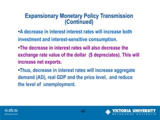 Expansionary Monetary Policy Transmission
(Continued)
•A decrease in interest interest rates will increase both
investment and interest-sensitive consumption.
•The decrease in interest rates will also decrease the
exchange rate value of the dollar ($ depreciates). This will
increase net exports.
•Thus, decrease in interest rates will increase aggregate
demand (AD), real GDP and the price level, and reduce
the level of unemployment.

49

 