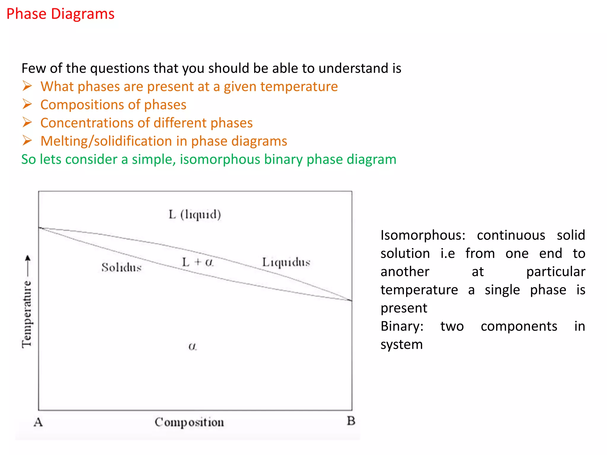 Phase Diagrams
Few of the questions that you should be able to understand is
 What phases are present at a given temperature
 Compositions of phases
 Concentrations of different phases
 Melting/solidification in phase diagrams
So lets consider a simple, isomorphous binary phase diagram
Isomorphous: continuous solid
solution i.e from one end to
another at particular
temperature a single phase is
present
Binary: two components in
system
 
