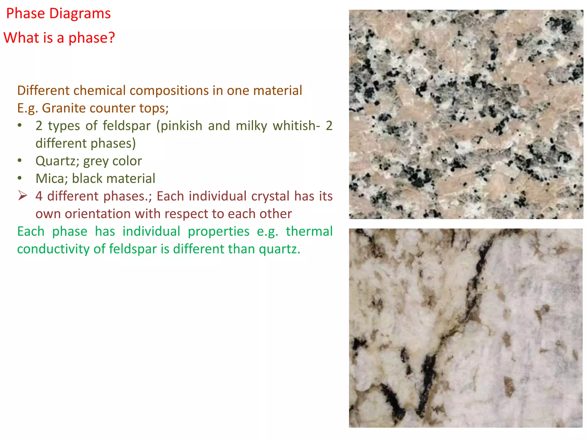 Different chemical compositions in one material
E.g. Granite counter tops;
• 2 types of feldspar (pinkish and milky whitish- 2
different phases)
• Quartz; grey color
• Mica; black material
 4 different phases.; Each individual crystal has its
own orientation with respect to each other
Each phase has individual properties e.g. thermal
conductivity of feldspar is different than quartz.
What is a phase?
Phase Diagrams
 