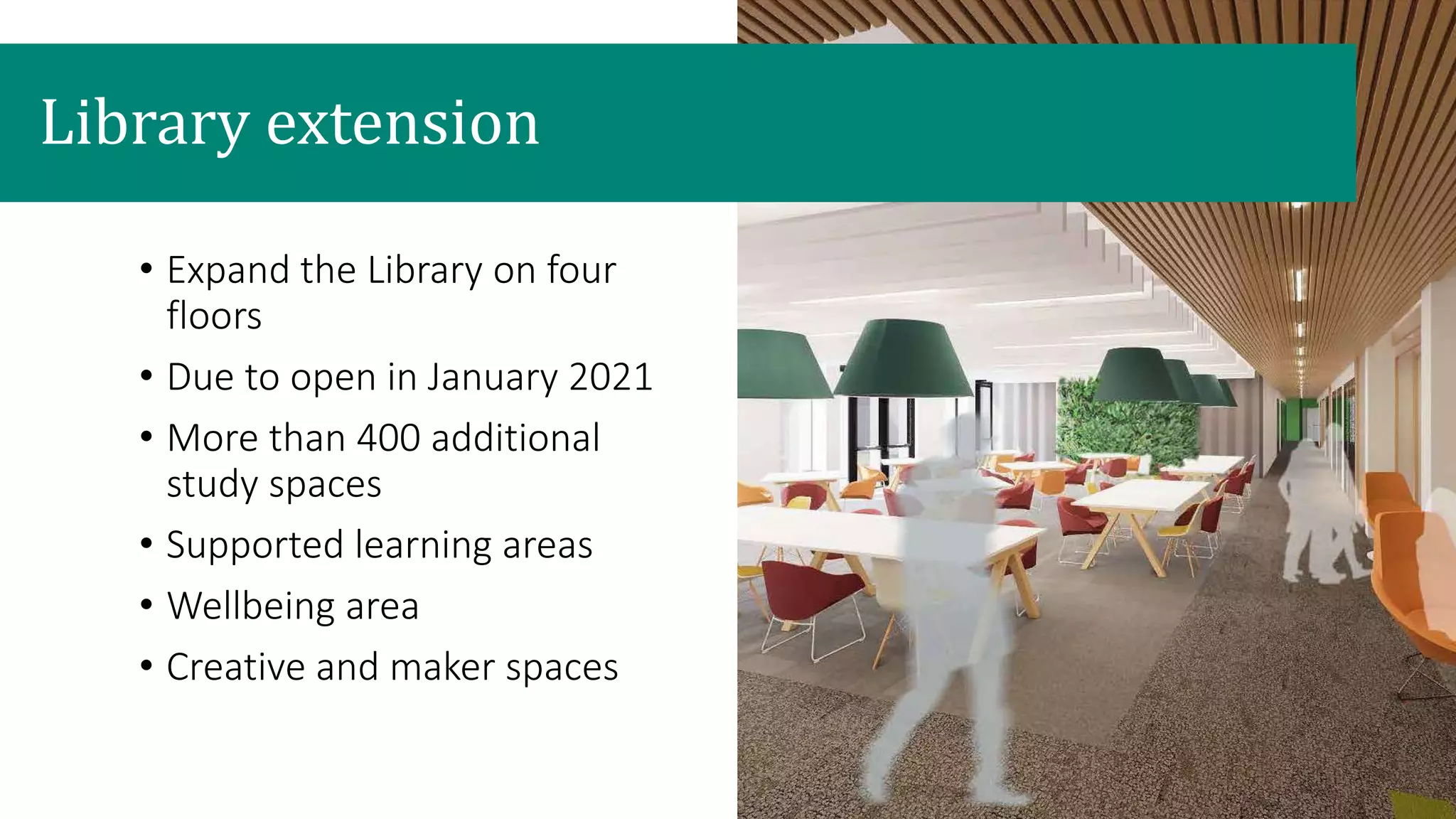 • Expand the Library on four
floors
• Due to open in January 2021
• More than 400 additional
study spaces
• Supported learning areas
• Wellbeing area
• Creative and maker spaces
Library extension
 