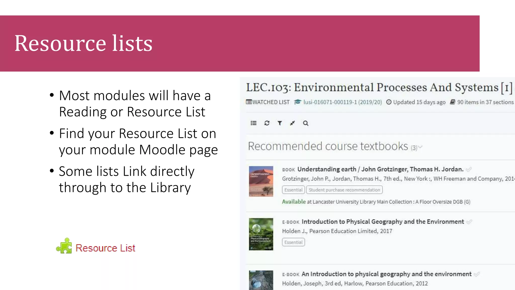 • Most modules will have a
Reading or Resource List
• Find your Resource List on
your module Moodle page
• Some lists Link directly
through to the Library
Resource lists
 