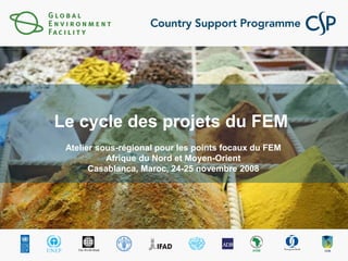 Le cycle des projets du FEM
Atelier sous-régional pour les points focaux du FEM
Afrique du Nord et Moyen-Orient
Casablanca, Maroc, 24-25 novembre 2008
 