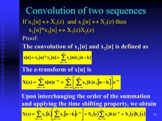 14
Convolution of two sequences
If x1[n]  X1(z) and x2[n]  X2(z) then
x1[n]*x2[n]  X1(z)X2(z)
Proof:
The convolution of x1[n] and x2[n] is defined as







k
2
1
2
1 ]
k
n
[
x
]
n
[
x
]
n
[
x
*
]
n
[
x
]
n
[
x
The z-transform of x[n] is
 
 





















n
n
n
2
1
n
n
z
k
n
x
]
k
[
x
z
]
n
[
x
)
z
(
X
Upon interchanging the order of the summation
and applying the time shifting property, we obtain
         
z
X
z
X
z
]
k
[
x
z
X
z
k
n
x
k
x
)
z
(
X 1
k
2
k
1
2
n
n
2
k
1 























 