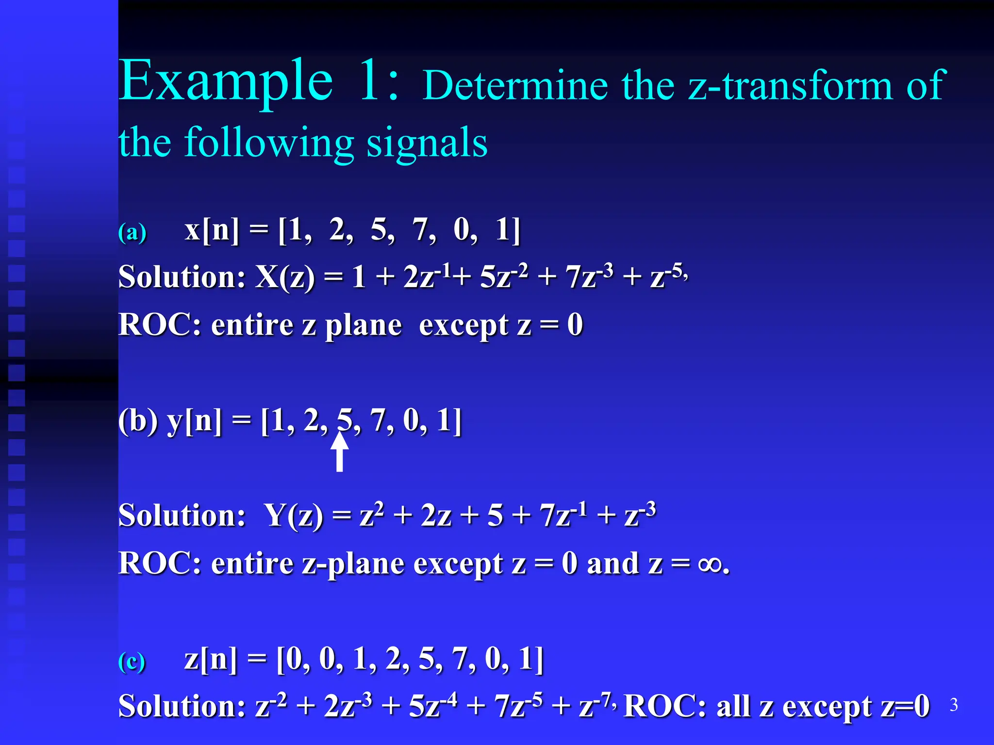3
Example 1: Determine the z-transform of
the following signals
(a) x[n] = [1, 2, 5, 7, 0, 1]
Solution: X(z) = 1 + 2z-1+ 5z-2 + 7z-3 + z-5,
ROC: entire z plane except z = 0
(b) y[n] = [1, 2, 5, 7, 0, 1]
Solution: Y(z) = z2 + 2z + 5 + 7z-1 + z-3
ROC: entire z-plane except z = 0 and z = .
(c) z[n] = [0, 0, 1, 2, 5, 7, 0, 1]
Solution: z-2 + 2z-3 + 5z-4 + 7z-5 + z-7, ROC: all z except z=0
 