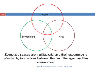 Agent
Host
Environment
Zoonotic diseases are multifactorial and their occurrence is
affected by interactions between the host, the agent and the
environment
10/9/2023
18
Prof Muhammad Tauseef Jawaid
 
