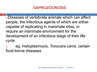 SAPROZOONOSIS
Diseases of vertebrate animals which can affect
people, the infectious agents of which are either
capable of replicating in inanimate sites, or
require an inanimate environment for the
development of an infectious stage of their life
cycle
 eg. histoplasmosis, Toxocara canis, certain
food-borne diseases
10/9/2023
20
Prof Muhammad Tauseef Jawaid
 