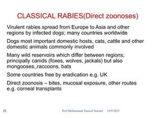 CLASSICAL RABIES(Direct zoonoses)
Virulent rabies spread from Europe to Asia and other
regions by infected dogs; many countries worldwide
Dogs most important domestic hosts, cats, cattle and other
domestic animals commonly involved
Many wild reservoirs which differ between regions;
principally canids (foxes, wolves, jackals) but also
mongooses,,raccoons, bats
Some countries free by eradication e.g. UK
Direct zoonosis – bites, mucosal exposure, other routes
e.g. corneal transplants
10/9/2023
25 Prof Muhammad Tauseef Jawaid
 