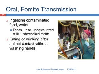 Oral, Fomite Transmission
 Ingesting contaminated
food, water
 Feces, urine, unpasteurized
milk, undercooked meats
 Eating or drinking after
animal contact without
washing hands
10/9/2023
47
Prof Muhammad Tauseef Jawaid
 