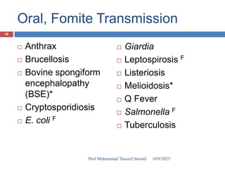 Oral, Fomite Transmission
 Anthrax
 Brucellosis
 Bovine spongiform
encephalopathy
(BSE)*
 Cryptosporidiosis
 E. coli F
 Giardia
 Leptospirosis F
 Listeriosis
 Melioidosis*
 Q Fever
 Salmonella F
 Tuberculosis
* Denotes Foreign Animal Disease
F Denotes fomite transmission 10/9/2023
48
Prof Muhammad Tauseef Jawaid
 