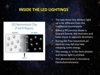 INSIDE THE LED LIGHTINGS 
• The way these tiny blinkers light 
up is far different from the 
traditional counterparts 
• When a PN junction diode is 
forward biased, the electrons and 
holes move in opposite directions. 
• During this free movement,an 
electron may fall into hole 
releasing some energy. 
• This energy is in the form photon 
and hence light is emitted. 
• This phenomenon is termed as 
Electroluminescence. 
h 
 