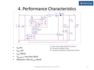 4. Performance Characteristics
CLP
100pF
Rf
560k
ESR
0.103
Cin
220uF
L
150u
1 2
Rload
180
R1
9.1k
R2
150k
Q1
Q2SD2623
OUT
R3
0.8
U1
NJM2377
-IN
FB
GND
OUTV+
CS
CT
REF
Rt
24k
Ct
470pF
IC = 0
D1
HRU0302A
0
V+
5V
0
IN
Cout
220uF
Rsf
160k
CS
4.7uF
IC = 0
0
Rsr
180k
0
15
• VIN=5V
• VOUT=9V
• IOUT=50mA
• Vripple(P-P)= less than 30mV
• Efficiency= 75% at IOUT=50mA
U1: New Japan Radio NJM2377 Control IC
Q1: Panasonic 2SD2623 NPN
D1: Renesas HRU0302A Schottky Barrier Diode
Copyright (C)Marutsuelec Co.,Ltd. 2017
 