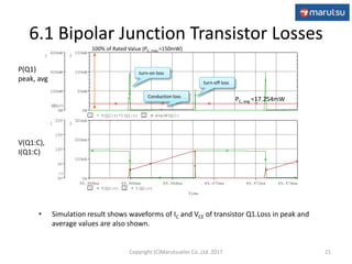 Time
89.964ms 89.966ms 89.968ms 89.970ms 89.972ms 89.974ms
1 V(Q1:c) 2 I(Q1:c)
0V
5V
10V
15V
20V
1
>>
0A
100mA
200mA
300mA
2
1 V(Q1:c)*I(Q1:c) 2 avg(W(Q1))
0W
200mW
400mW
600mW
1
SEL>>
0W
50mW
100mW
150mW
2
SEL>>
6.1 Bipolar Junction Transistor Losses
• Simulation result shows waveforms of IC and VCE of transistor Q1.Loss in peak and
average values are also shown.
21
100% of Rated Value (PC, max.=150mW)
PC, avg.=17.254mW
turn-on loss
Conduction loss
turn-off loss
V(Q1:C),
I(Q1:C)
P(Q1)
peak, avg
Copyright (C)Marutsuelec Co.,Ltd. 2017
 