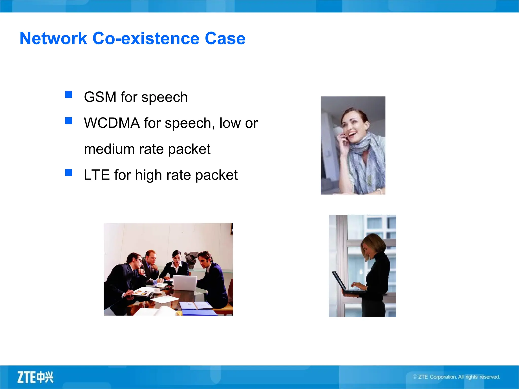  GSM for speech
 WCDMA for speech, low or
medium rate packet
 LTE for high rate packet
Network Co-existence Case
 