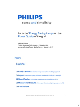 Impact of Energy Saving Lamps on the
   Power Quality of the grid

   Johan Wijntjens
   Philips Corporate Technologies / Philips Lighting
   Leonardo Energy Power Quality Forum -- January, 2011




Outline:

 Facts & trends of electrical energy consumption of Lighting equipment

 Impact of electronic Lighting equipment on the Power Quality (PQ) of the grid

 Quantification of the impact of electronic Lighting equipment on PQ

 Measurement results of the impact of electronic Lighting equipment on PQ

 Conclusions



                 Philips Corporate Technologies / Philips Lighting, Leonardo Energy Power Quality Forum -- January, 2011   2




                                                                                                                               1
 
