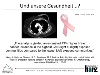 LED-­‐Praxisforum	
  |	
  07.10.2013	
  |	
  Chris)an	
  Reinboth,	
  Dipl.-­‐Wi.-­‐Inf.(FH)	
  |	
  Würzburg	
  
Und	
  unsere	
  Gesundheit...?	
  
„The analysis yielded an estimated 73% higher breast
cancer incidence in the highest LAN (light at night) exposed
communities compared to the lowest LAN exposed communities.“
Kloog, I., Haim, A; Stevens, R.G.; Barchana, M. & Portnov, B.A.: Light at night co-distributes with
incident breast but not lung cancer in the female population of Israel, in: Chronobiology
International 2008 Feb;25(1):65-81
Grafik © Tomas Dvorak, M.D.
 