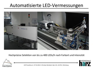 LED-­‐Praxisforum	
  |	
  07.10.2013	
  |	
  Chris)an	
  Reinboth,	
  Dipl.-­‐Wi.-­‐Inf.(FH)	
  |	
  Würzburg	
  
Automa)sierte	
  LED-­‐Vermessungen	
  
Hochpräzise	
  Selek)on	
  von	
  bis	
  zu	
  400	
  LEDs/h	
  nach	
  Farbort	
  und	
  Intensität	
  
 