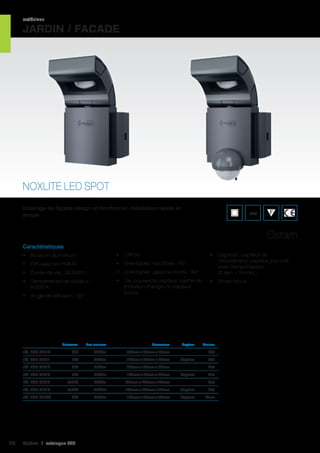 extérieur

JARDIN / FACADE

NOXLITE LED SPOT
Eclairage de façade design et fonctionnel. Installation rapide et
simple.

IP44

Osram
Caractéristiques
•	 Body en aluminium

•	 CRI 65

•	 Diffuseur en PMMA

•	 Orientable : haut/bas : 70°

•	 Durée de vie : 30 000 h

•	 Orientable : gauche/droite : 30°

•	 Température de couleur :
6 000 K

•	 Vis, couvercle capteur, cache de
limitation d’angle du capteur
inclus

•	 Angle de diffusion : 60°

	

•	 Driver inclus

Puissance	

Flux lumineux	

Dimensions	

réf. 062 41010	

6W	

290Lm	

140mm x 90mm x 90mm	

-	

Gris	

réf. 062 41011	

6W	

290Lm	

160mm x 90mm x 90mm	

Capteur	

Gris	

réf. 062 41012	

8W	

430Lm	

150mm x 90mm x 90mm	

-	

Gris	

réf. 062 41013	

8W	

430Lm	

170mm x 90mm x 90mm	

Capteur	

Gris	

réf. 062 41014	

2x8W	

860Lm	

150mm x 180mm x 90mm	

-	

Gris	

réf. 062 41015	

2x8W	

860Lm	

170mm x 180mm x 90mm	

Capteur	

Gris	

réf. 062 41038	

110

8W	

430Lm	

170mm x 90mm x 90mm	

Capteur	

Blanc	

Cebeo I catalogue LED

Capteur	

•	 Capteur : capteur de
mouvement, capteur jour nuit
avec temporisation
(5 sec. – 10 min.)

Couleur	

 