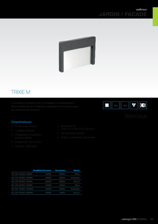 extérieur

JARDIN / FACADE

TRIXIE M
Luminaire compact pour montage mural apparent,
pour l’extérieur et l’intérieur, spécialement conçu pour
les chemins et couloirs.

IP65

IK08

Technolux
Caractéristiques
•	 Dimensions :
230 mm x 160 mm x 30 mm

•	 Fonte d’aluminium
•	 1 presse-étoupe

•	 Alimentation incluse

•	 Possibilité d’inscription
personnalisée

•	 Boîte d’installation comprise

•	 Puissance : 18 x 0,5 W
•	 Tension : 230 VAC

	

Température de couleur	

Flux lumineux	

Couleur	

réf. 401 TRIXM-18CW1	

6000K	

235Lm	

Blanc 	

réf. 401 TRIXM-18CW6	

6000K	

235Lm	Anthracite	

réf. 401 TRIXM-18CW7	

6000K	

235Lm	

réf. 401 TRIXM-18WW1	

3000K	212Lm	 Blanc	

réf. 401 TRIXM-18WW6	

3000K	

212Lm	Anthracite	

réf. 401 TRIXM-18WW7	

3000K	

212Lm	

Gris alu 	

Gris alu	

catalogue LED I Cebeo

117

 