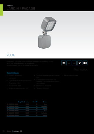extérieur

JARDIN / FACADE

YODA
Éclairage LED carré pour montage apparent au plafond, au sol
et mural, pour l’intérieur et l’extérieur.
Se caractérise par sa diversité d’utilisation.

IP65

IK09

Technolux
Caractéristiques
•	 Toujours réglable grâce à une vis
inox

•	 Fonte d’aluminium
•	 Verre clair
•	 Orientable : 180°

•	 L’adaptation horizontale est
basée sur un mécanisme d’auto
verrouillage

•	 Pivotement : 180°

•	 Puissance : 9 x 1,5 W

•	 Angle de rayonnement : 30°

•	 Tension : 230 VAC

•	 1 gaine de câble en caoutchouc

	

Température de couleur	

Valeur CRI	

Couleur	

réf. 401 Y0DA-9CW1	

6500K	 70	Blanc 	

réf. 401 Y0DA-9CW6	

6500K	

réf. 401 Y0DA-9CW7	
réf. 401 Y0DA-9WW1	

Anthracite 	

6500K	

70	

Gris alu	

3000K	

80	

Blanc 	

réf. 401 Y0DA-9WW6	

3000K	

80	

Anthracite 	

réf. 401 Y0DA-9WW7	

118

70	

3000K	

80	

Gris alu	

Cebeo I catalogue LED

•	 Alimentation incluse

 