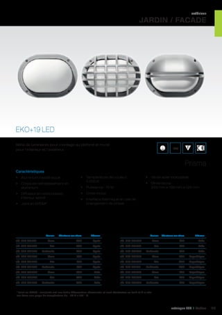 extérieur

JARDIN / FACADE

EKO+19 LED
Série de luminaires pour montage au plafond et mural
pour l’intérieur et l’extérieur.

IP66

Prisma
Caractéristiques
•	 Aluminium injecté laqué
•	 Corps de refroidissement en
aluminium
•	 Diffuseur en verre pressé,
intérieur satiné
•	 Joint en EPDM*

	

Couleur	

réf. 545 301381	

•	 Température de couleur :
4 000 K
•	 Puissance : 10 W

•	 Vis en acier inoxydable
•	 Dimensions :
255 mm x 188 mm x 126 mm

•	 Driver inclus
•	 Interface thermique en cas de
changement de phase

Résistance aux chocs	

Diffuseur 	

	

Couleur	 Résistance aux chocs	

Diffuseur 	

Blanc	

IK07	Opalin	

réf. 545 301646	

réf. 545 301382	

Gris	

IK07	Opalin	

réf. 545 301647	

réf. 545 301383	

Anthracite	

IK07	Opalin	

réf. 545 301648	

réf. 545 301384	Blanc	

IK10	 Opalin	

réf. 545 301649	

Blanc	

IK07	Asymétrique	

réf. 545 301385	

Gris	

IK10	Opalin	

réf. 545 301650	

Gris	

IK07	Asymétrique	

réf. 545 301386	

Anthracite	

IK10	Opalin	

réf. 545 301651	

Blanc	

IK07	Grillle	

réf. 545 301652	

réf. 545 301644	

Gris	

IK07	Grillle	

Anthracite	

IK07	Grillle	

réf. 545 301654	

IK10	Grillle	

Gris	

IK10	Grillle	

Anthracite 	

réf. 545 301653	

réf. 545 301645	

Blanc	

réf. 545 301643	

Anthracite 	

IK10	

IK07	

Grillle	

Asymétrique	

Blanc	

IK10	Asymétrique	

Gris	

IK10	Asymétrique	

Anthracite 	

IK10	

Asymétrique	

* Joint en EPDM : ces joints ont une faible déformation rémanente et sont résistantes au froid et à la chaleur dans une plage de température de - 50 à + 120 ° C.

catalogue LED I Cebeo

119

 